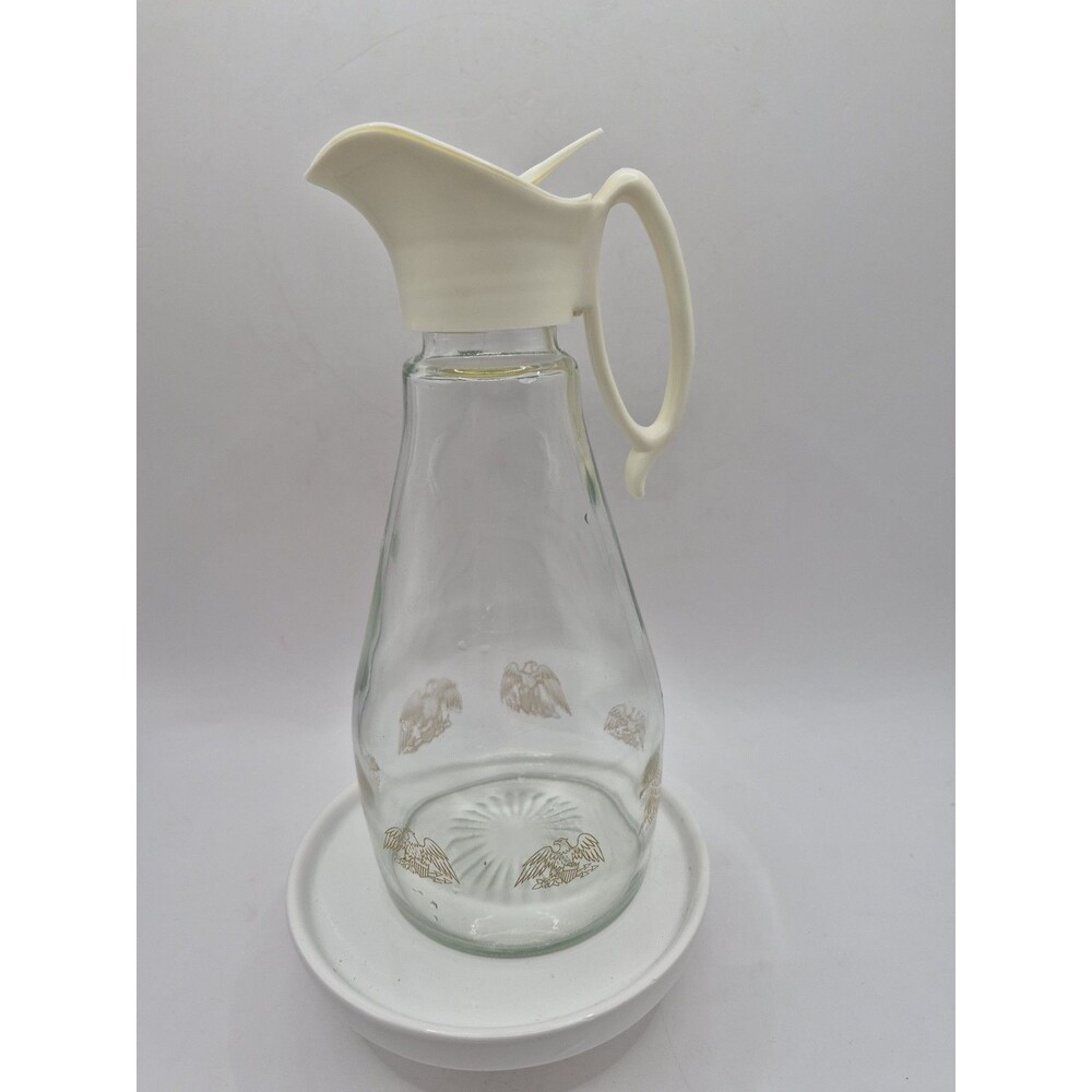 Vintage 1970s Log Cabin Maple Syrup Glass Bottle Dispenser Golden Eagles 9in